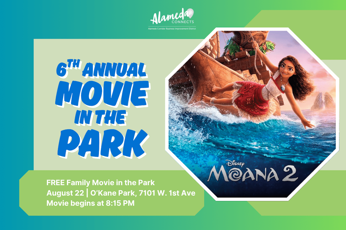 Movie in the Park Graphic with Image of Moana sailing